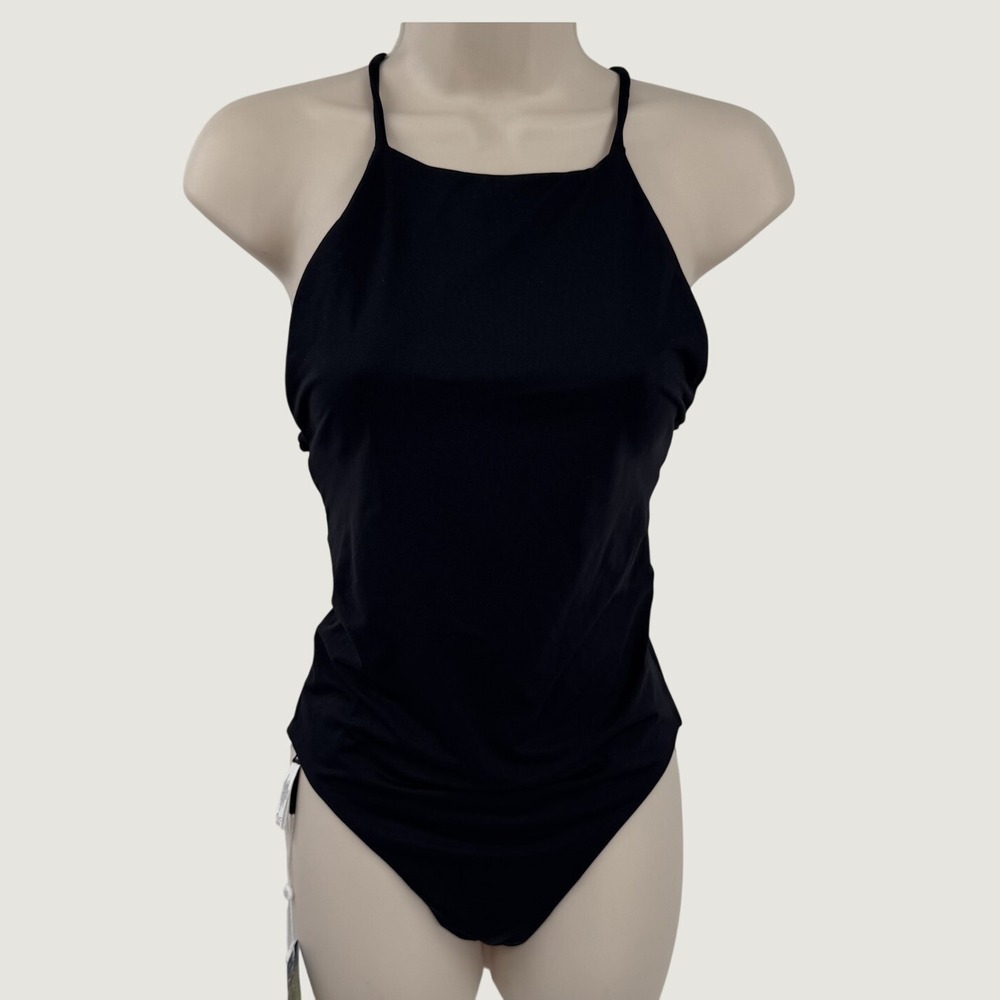 Skin Worldwide One-Piece‎ Swimsuit XS Black High Neck Lace Up Back Minimalist